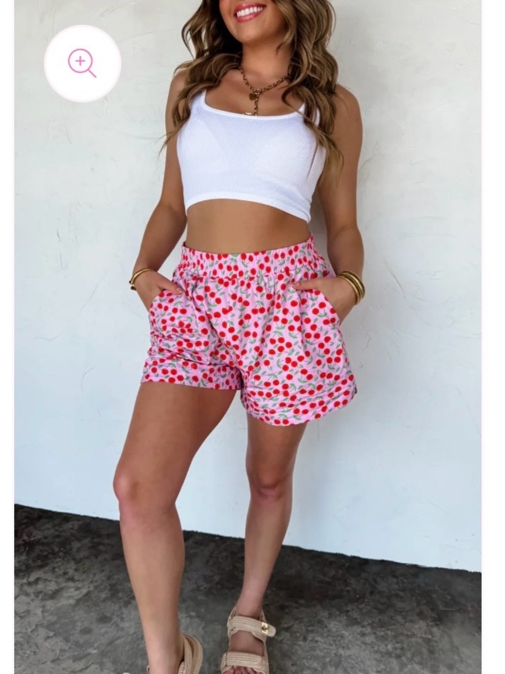 Cherry Print Women's Casual Shorts - White, Red& Pink